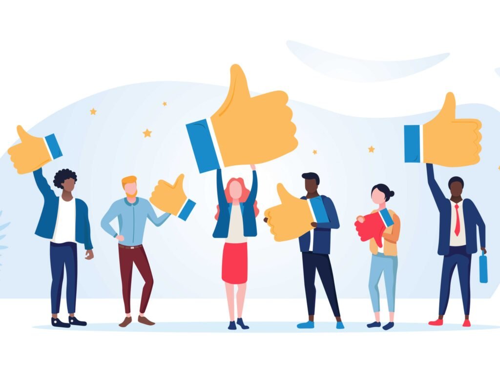 ilustração com pessoas animadas segurando icone de like