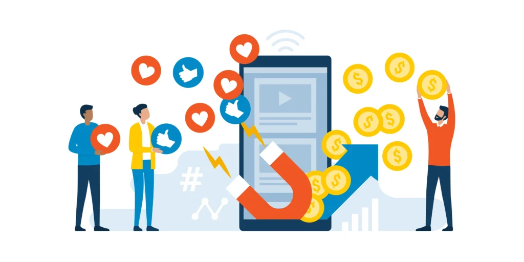 ilustração com pessoas curtindo postagens nas redes sociais e gerando lucros para a empresa
